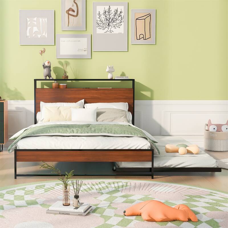 Full Size Metal Platform Bed Frame with Trundle, USB Ports