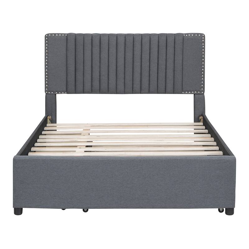 Linen Upholstered Platform Bed Vertical Lines Headboard with Nailhead Trim, Wood Panel Bed Frame 2 Drawers & Trundle Bed