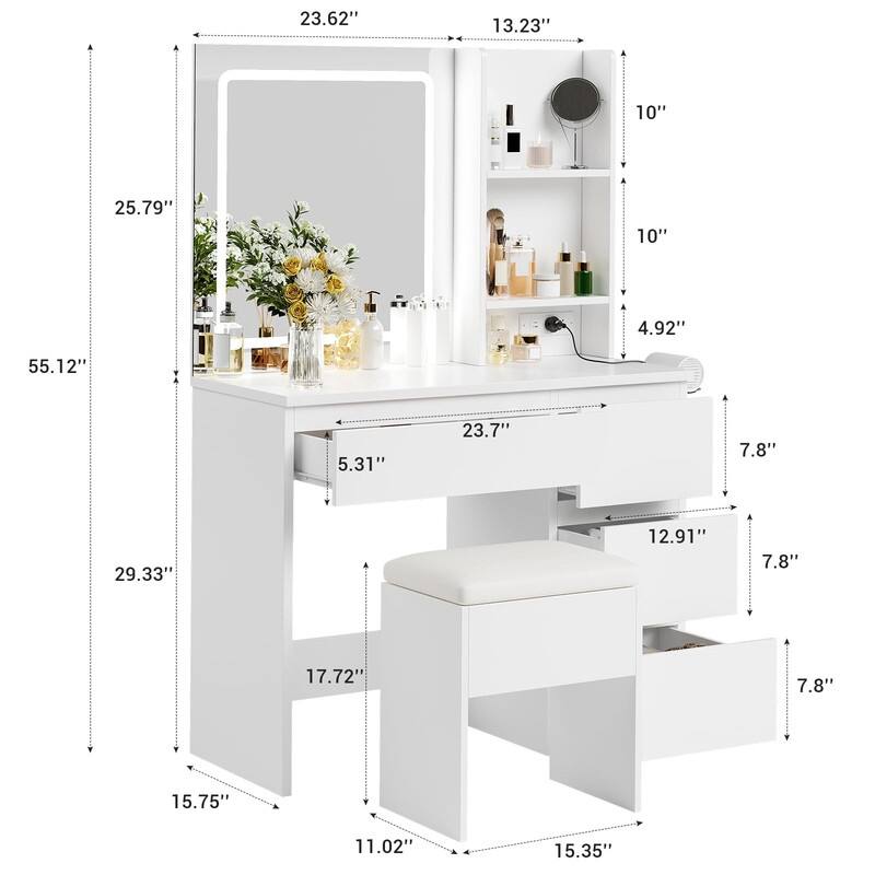 Vanity Desk with LED Mirror, Charging Ports, Storage Stool, Drawers, Hair Dryer Holder