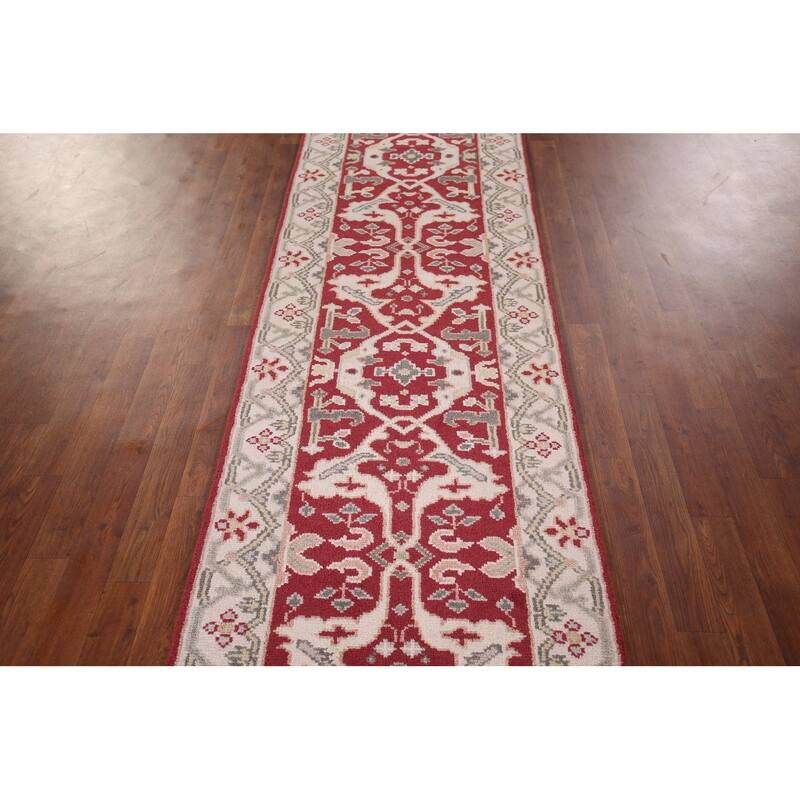 Red Oushak Indian Runner Rug Hand-Knotted Transitional Wool Carpet - 2'7"x 9'8"