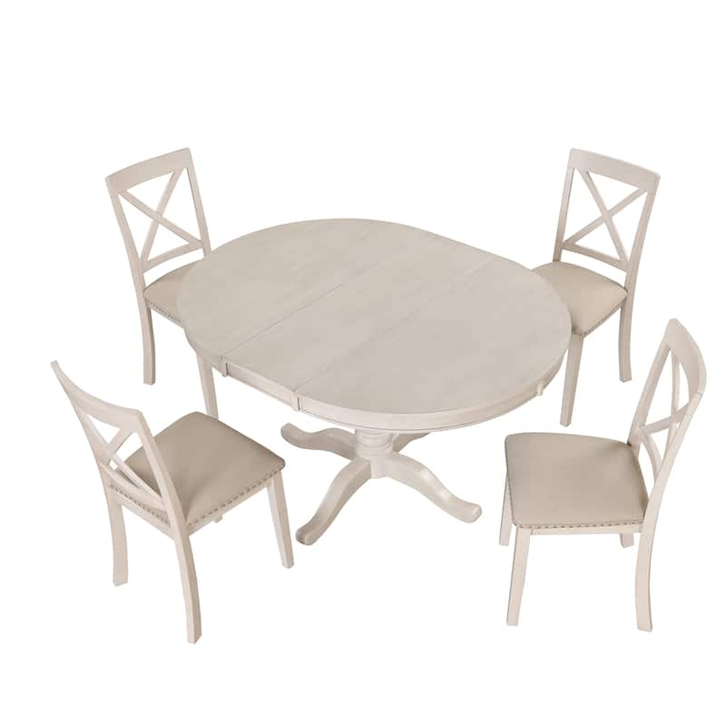 5 Piece Wood Dining Table Set, Kitchen Dining Table Set with Extendable Round Dining Table and 4 Chairs with Backrest