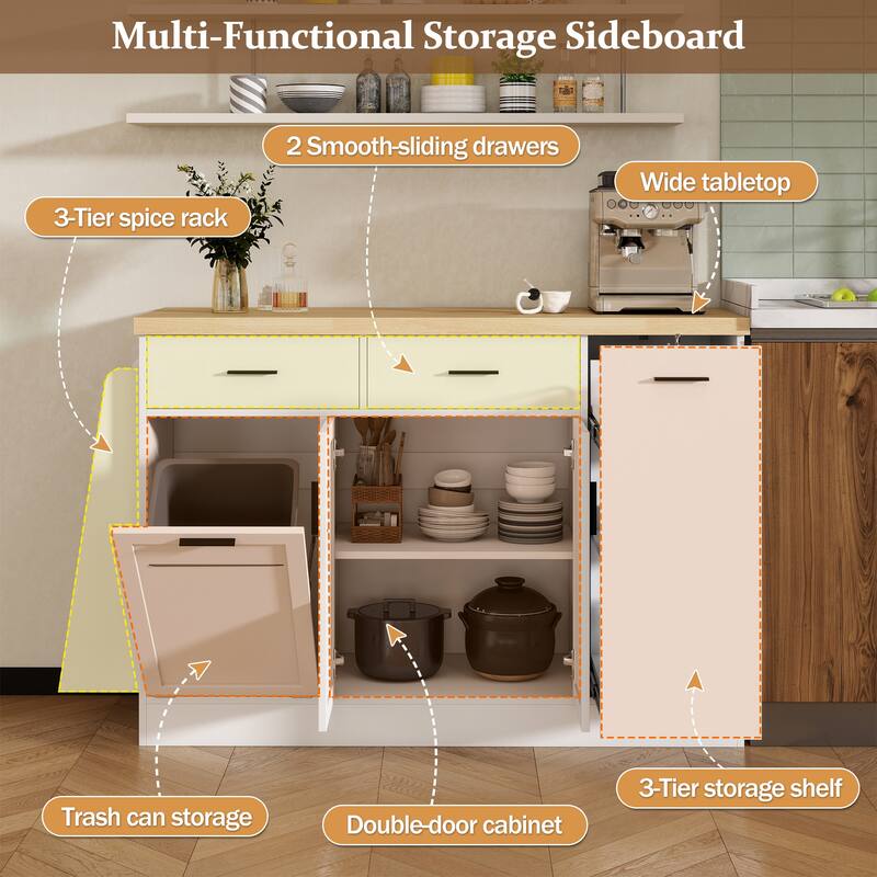 Two-Tone Design Sideboard Buffet Storage Cabinet Kitchen Island Table with Hidden Trash Cabinet & 3-Tier Spice Rack
