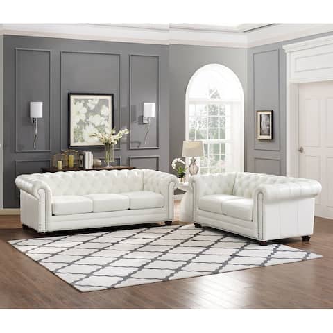 Hydeline Monaco Leather Chesterfield Sofa Set, Sofa and Loveseat with Feather, Memory Foam and Springs