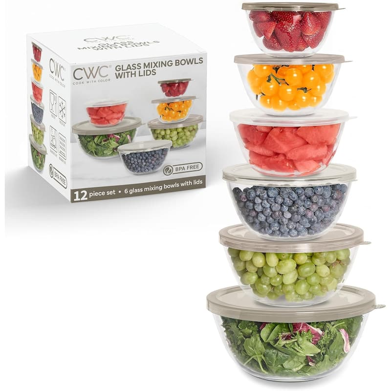 COOK WITH COLOR 12 Pc Glass Nesting Mixing Bowl Set with Lids for Cooking and Prep - Brown