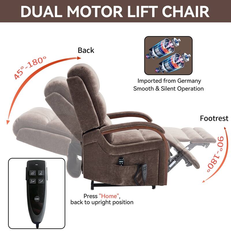 Roomfitters Dual Motor Power Lift Recliner, Infinite Position Massage Chair with Solid Wood Armrests, Chenille