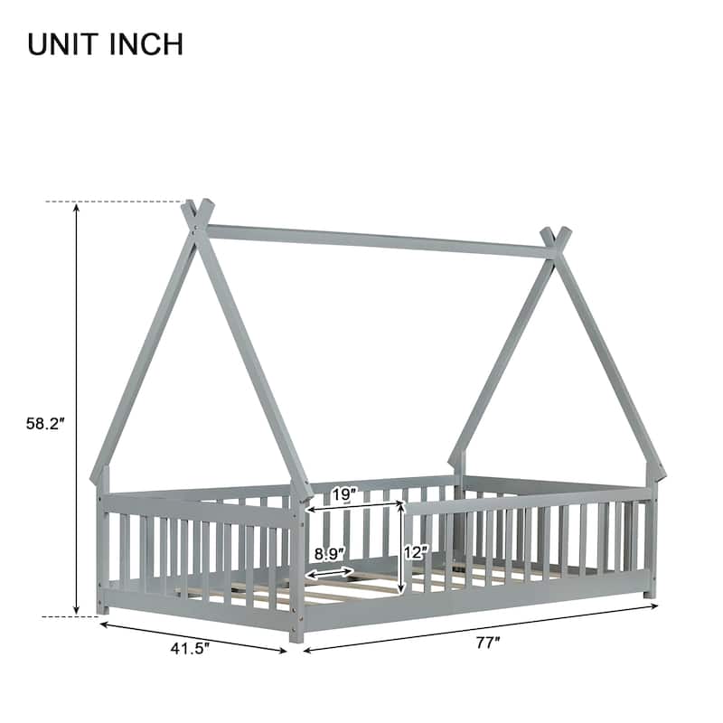Twin Tent-Shaped Floor Bed with Guardrails, Low Platform Teepee Bed Frame with Slats, Solid Wood Design
