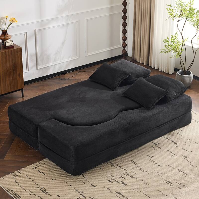 Queen Size Foldable Sofa Bed, Chenille Futon Sofa Couch, High-Density Foam Convertible Sleeper Sofa, Foldable Floor Couch Bed