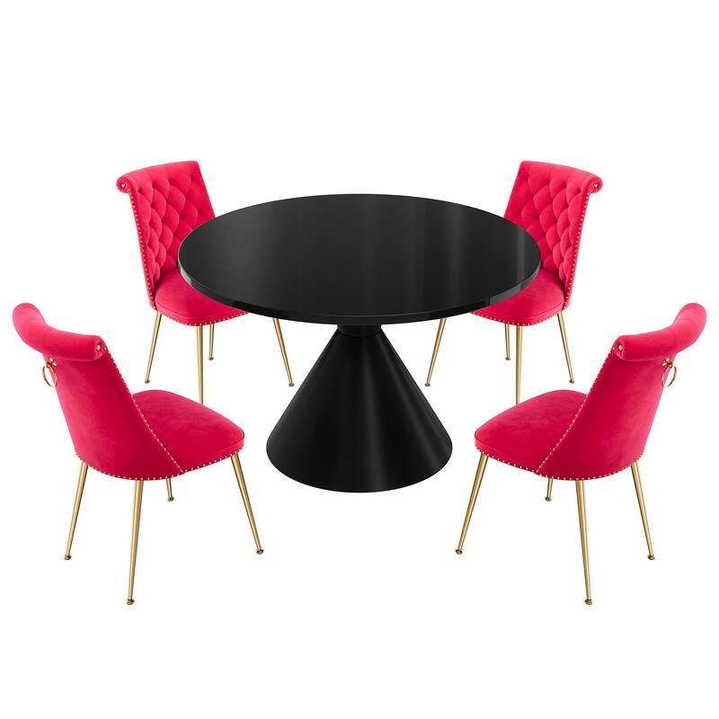 48" Light Luxury Black High Gloss Large Countertop Dining Table with Velvet Dining Chair Set - Rose
