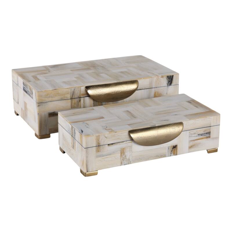 Resin Wood Decorative Boxes Handles Mosaic (Set of 2) - 5" & 4" Tan - 14" x 8.5" x 4.5" - Tan - 14" x 8.5" x 4.5"