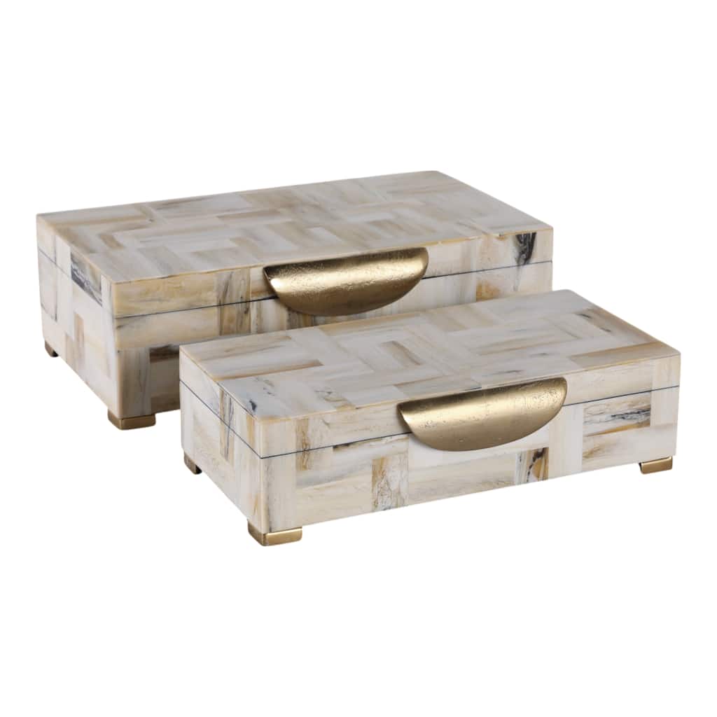 Resin Wood Decorative Boxes Handles Mosaic (Set of 2) - 5" & 4" Tan - 14" x 8.5" x 4.5"
