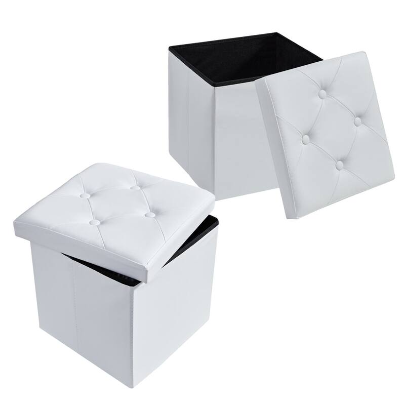 2 PC Storage Folding Ottoman, Storage Footrest Stool, Faux Leather Storage Bench Cube with Padded Seat for Small Space