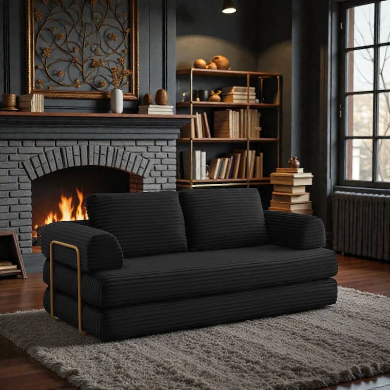 Convertible Sofa Bed Futon, Corduroy Folding Floor Couch with Pillows, Boneless Sleeper Mattress for Living Room - Black