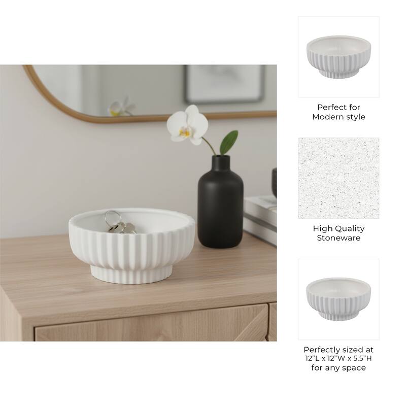 Decorative Ribbed Ceramic Bowl with Matte Finish - 12", White - 12.0"