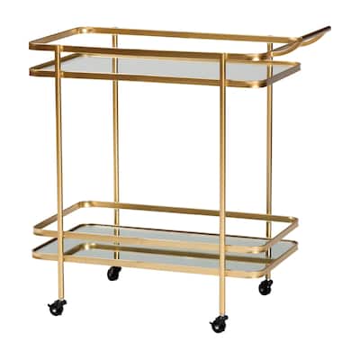 Destin Glam Brushed Gold Metal and Mirrored Glass 2-Tier Wine Bar Cart