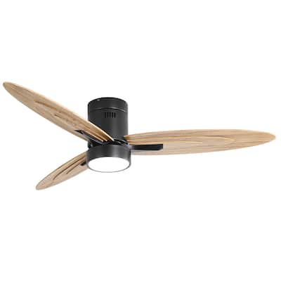 56 Inch Modern Design Flush Mount Ceiling Fan with Light and Remote Control, 3 Solid Wood Blades Reversible DC Motor Black