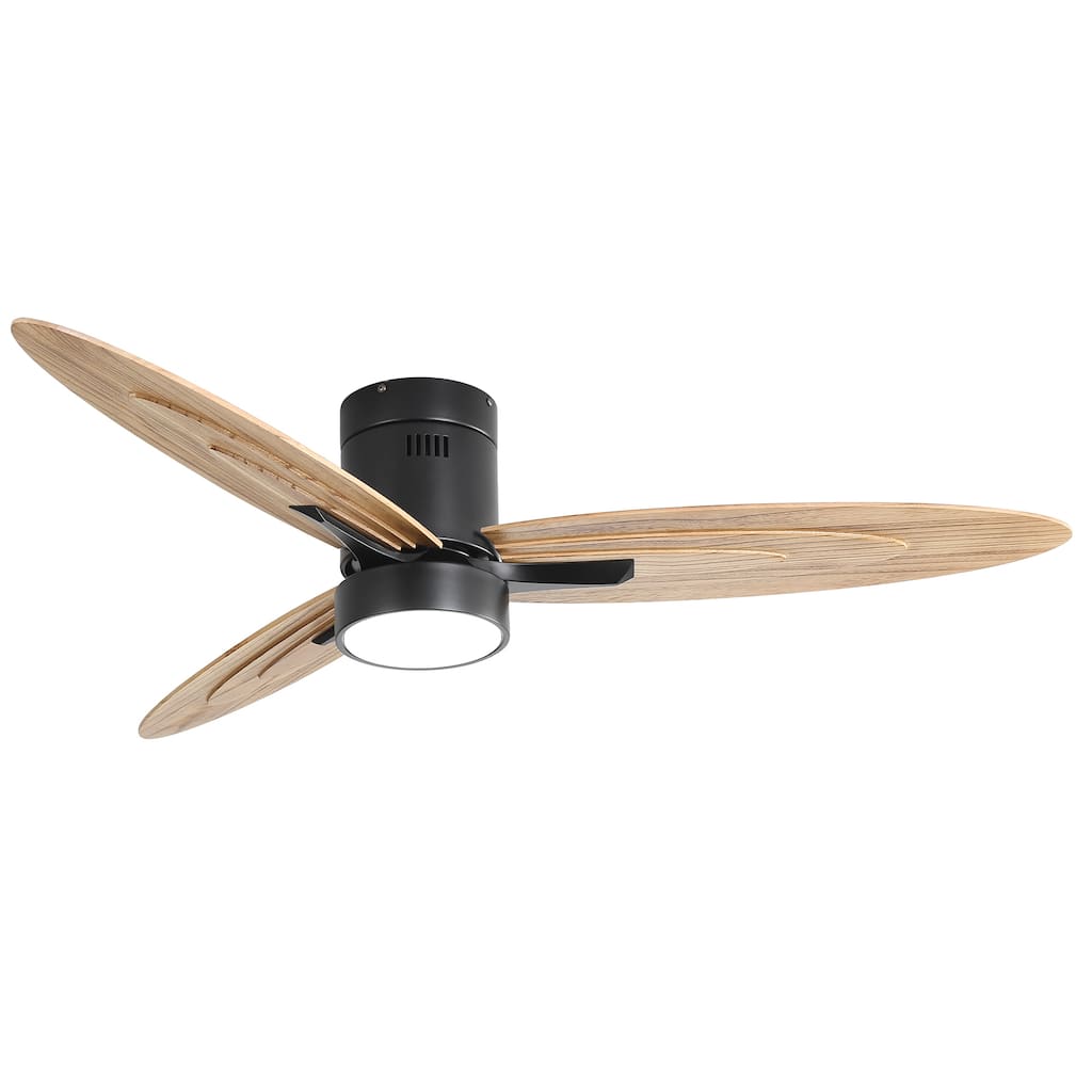 56 Inch Modern Design Flush Mount Ceiling Fan with Light and Remote Control, 3 Solid Wood Blades Reversible DC Motor