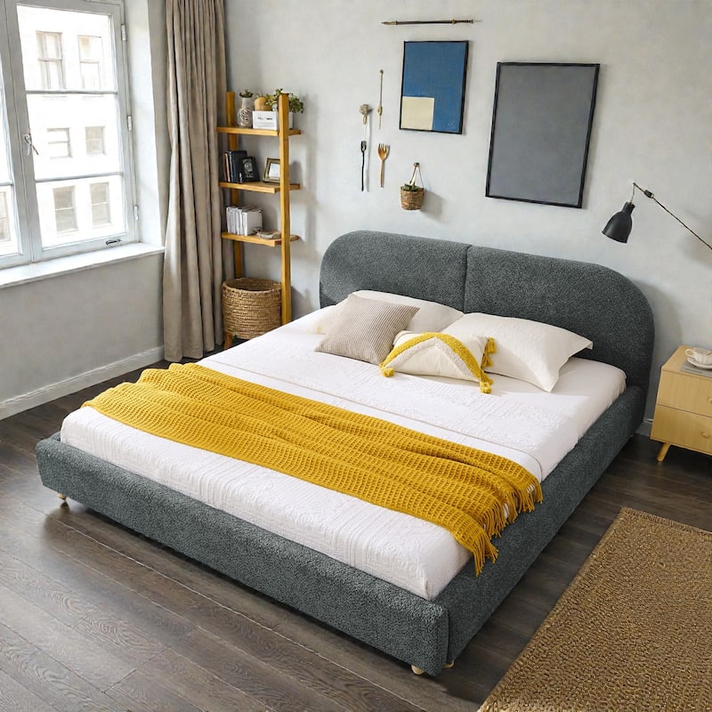 Upholstered Bed Frame with Tall Curved Headboard, Premium Circle Yarn Fabric, Modern Minimalist Platform Bed