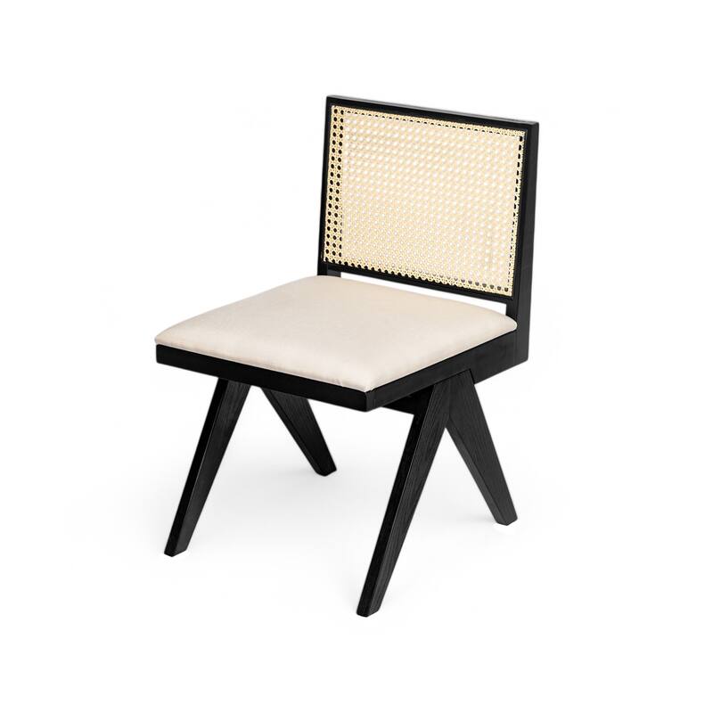Dining Chairs Set of 2, Ergonomic Upholstered Kitchen Side Chairs, Accent Chairs with Rattan Backrest & Solid Wood Legs