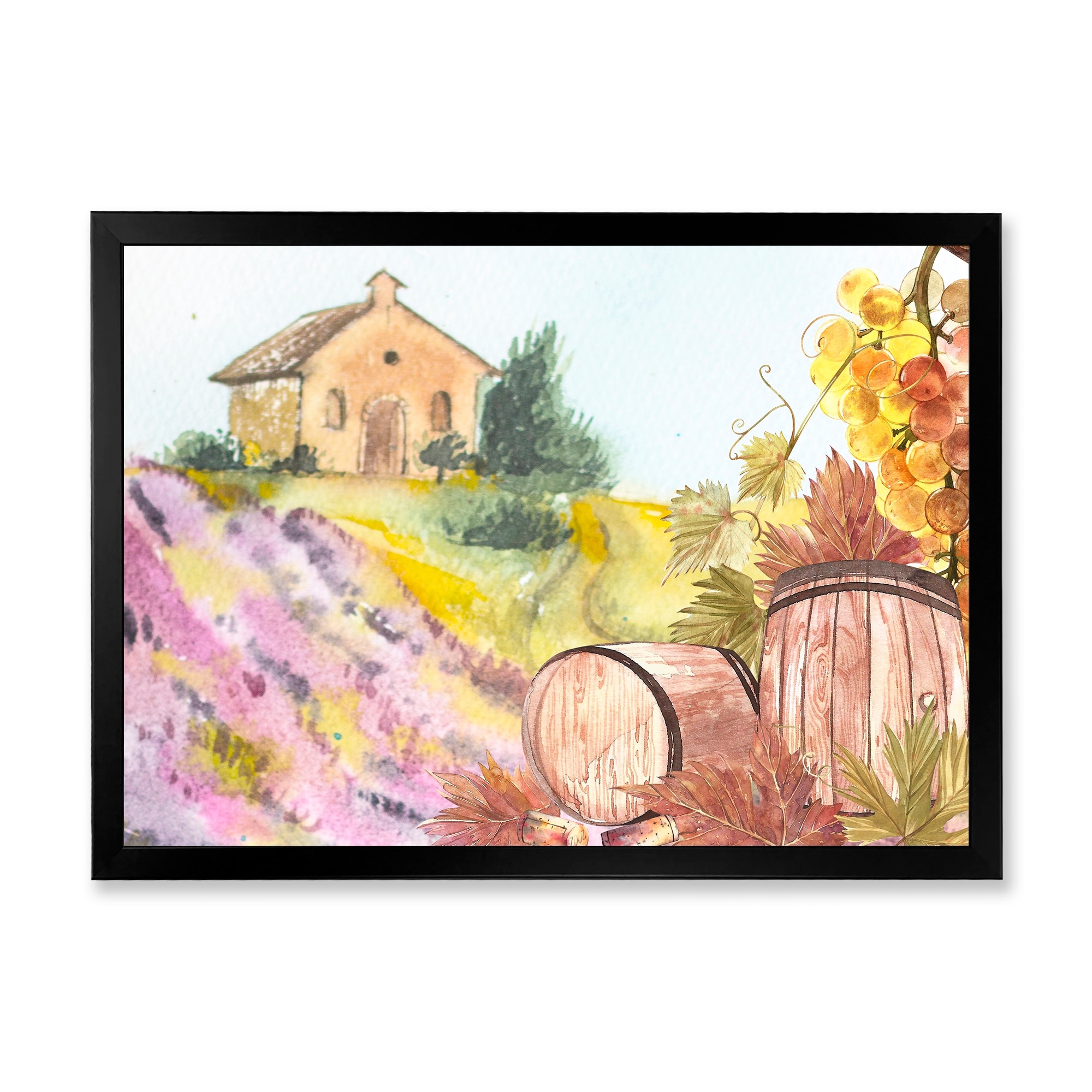 Wooden Barrels and Grape Leaves Country Framed Art Print by Designart-image