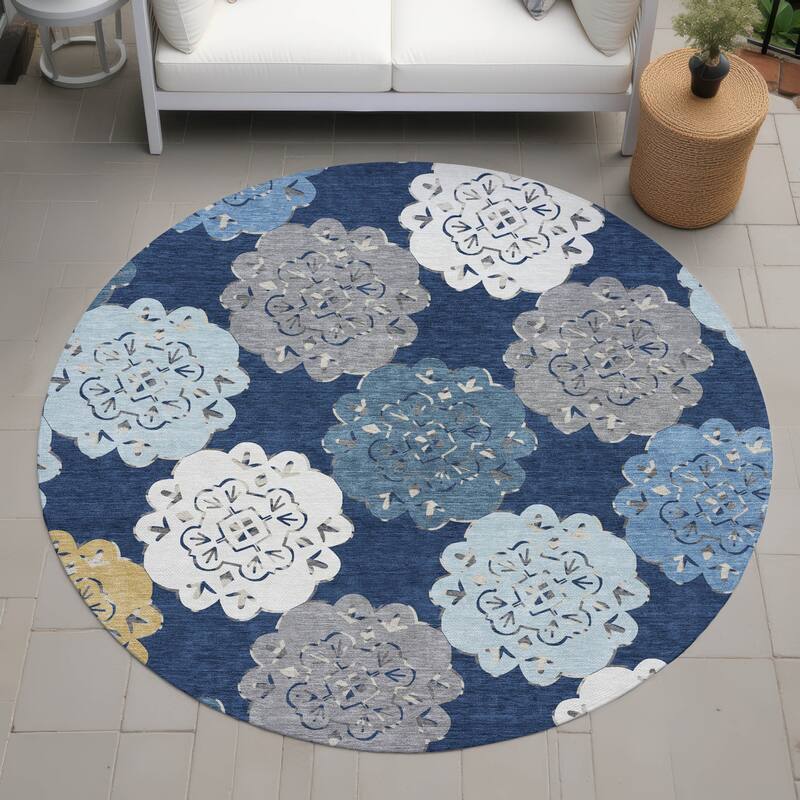 Machine Washable Indoor/ Outdoor Global Motif Chantille Rug - Navy - 8' x 8'