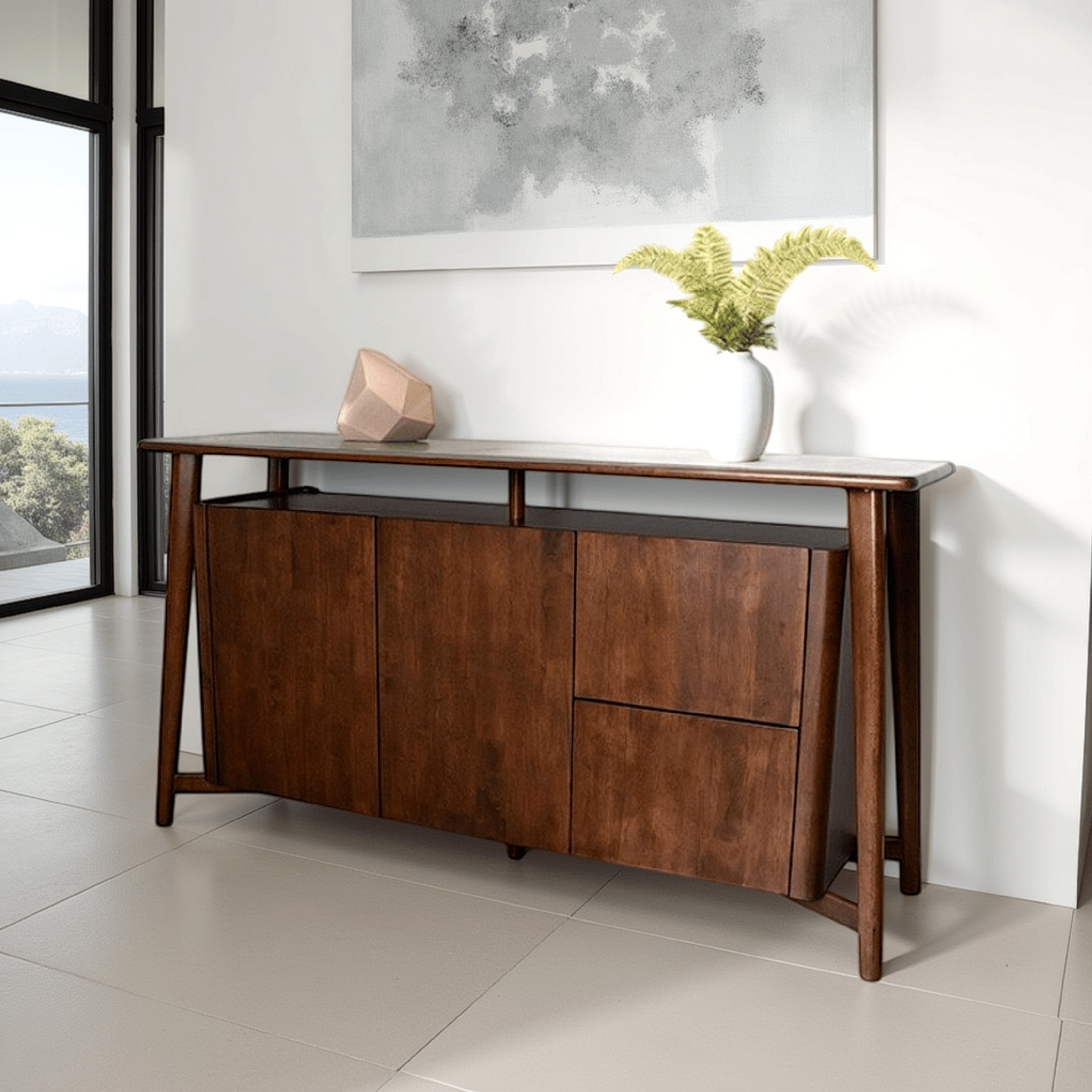 Ziva Sideboard Buffet Console, 2 Drawers and Doors, Brown Wood 67