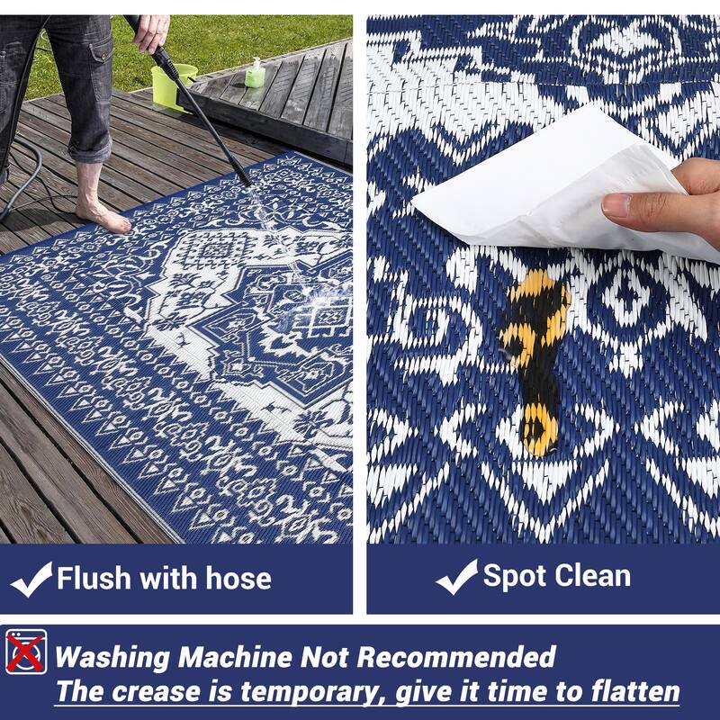 Outdoor Patio Rug Waterproof Reversible Carpet Vintage Boho Medallion Rug Plastic Straw Rug