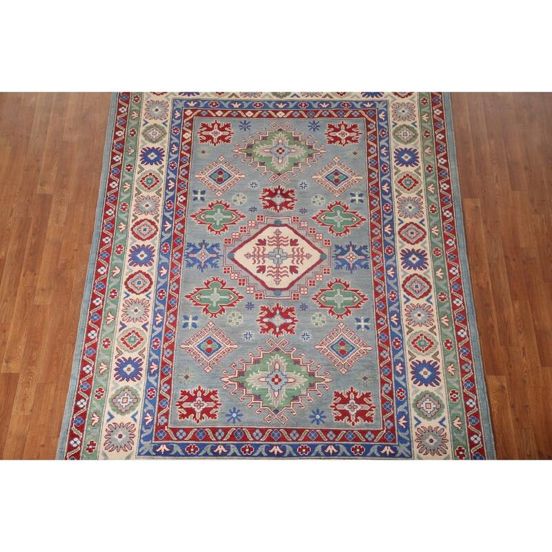Gray Geometric Kazak Oriental Area Rug Wool Carpet - 6'3" x 8'11"