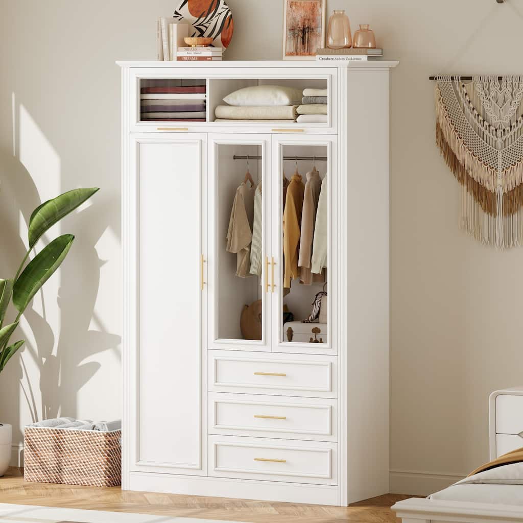 3 Door Wardrobe Armoire Closet with LED and 3 Drawers, White