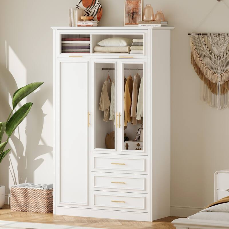 3 Door Wardrobe Built-in LED Light Clothes Storage Cabinet / 3 Drawers White Armoire Closet