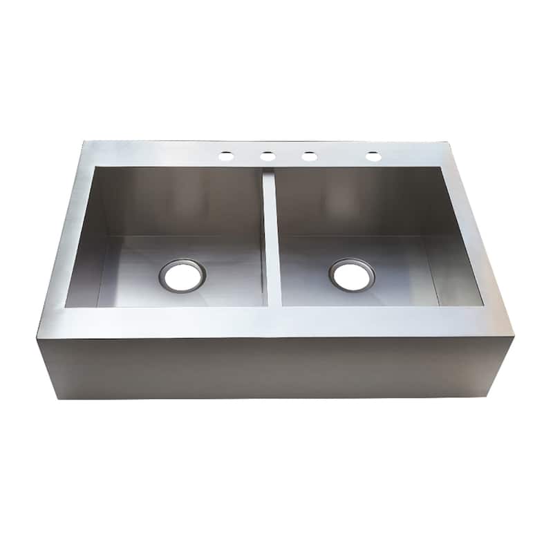 Kingston Brass Edinburg 33-Inch Stainless Steel Apron-Front 4-Hole Double Bowl Farmhouse Kitchen Sink in Brushed
