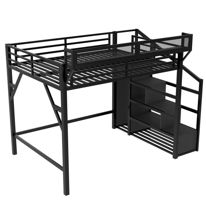 Queen Size Loft Bed with Storage Staircase & Open Wardrobe, Metal Kids Teens Bed Frame with Charging Station & LED Light