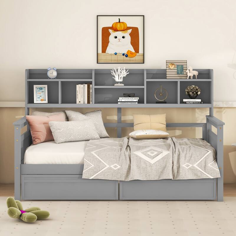 Twin Daybed with Storage 2 Drawers & Shelves, 250lb Capacity, Solid Wood Frame