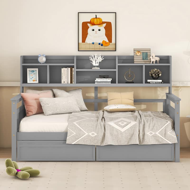 Twin size Daybed, Wood Slat Support, with Bedside Shelves and Two Drawers