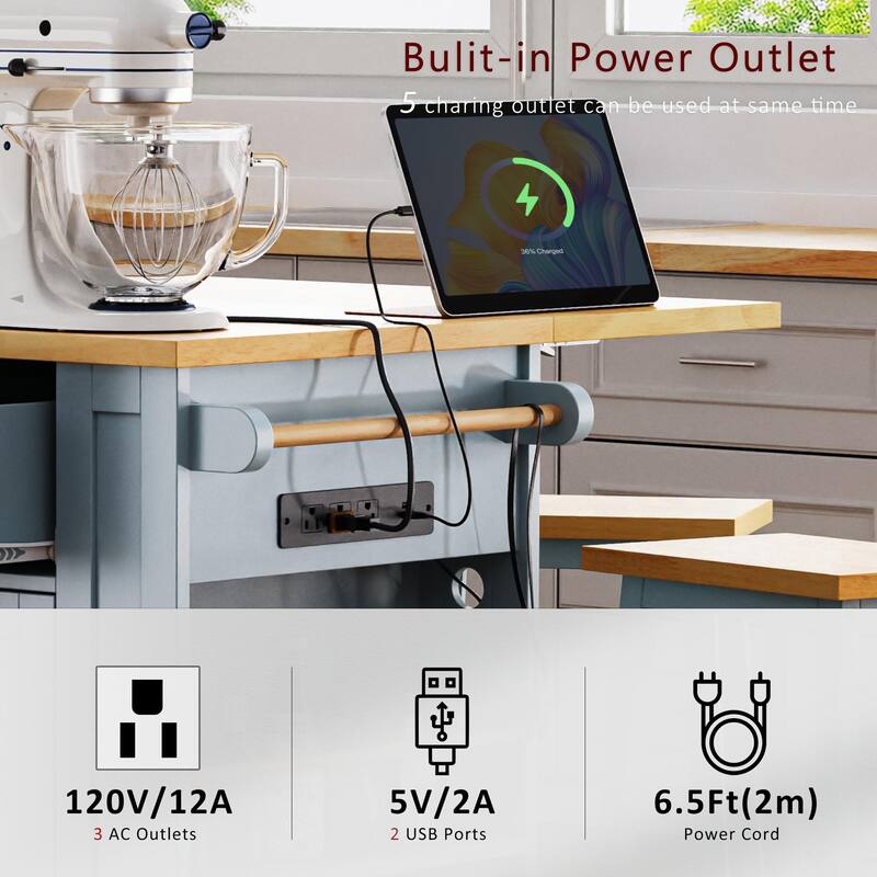 Roomfitters 53.3" Farmhouse Kitchen Island with Power Outlet and Drop Leaf