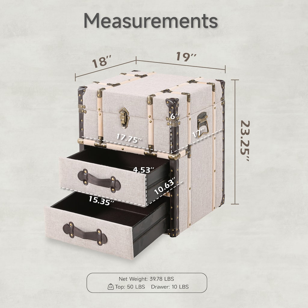 COZAYH Vintage Nightstand with Buckle Hinged Top, Linen Accent End Side Table for Living Room, Rectangle, Grey