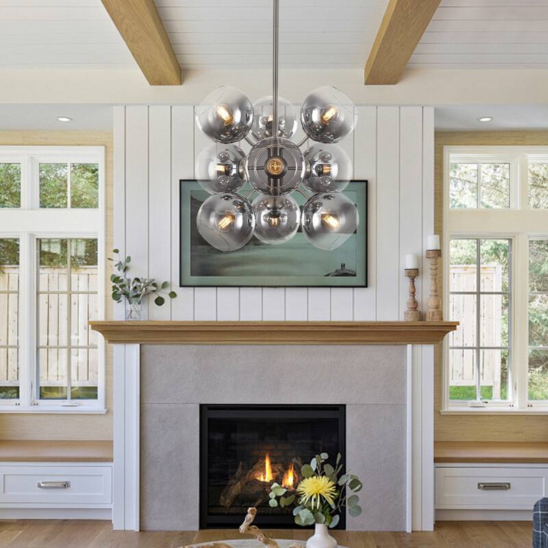 9 - Light Smoked Glass Globe Cluster Chandelier - Sand Nickel