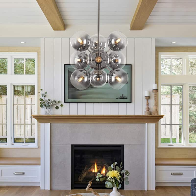 9 - Light Sputnik Chandelier, Smoked Glass Shades, Brushed Nickel Frame - Sand Nickel