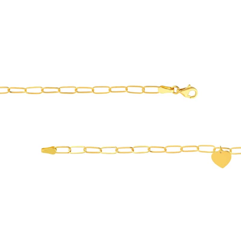 Curata 14k Yellow Gold 7.5" Dangling Heart Disc Paperclip Chain Bracelet