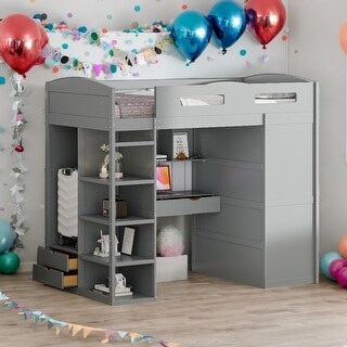 Kids and Baby Twin Size Loft Bed with Desk,Wardrobes,4 Drawers and 4 Shelves