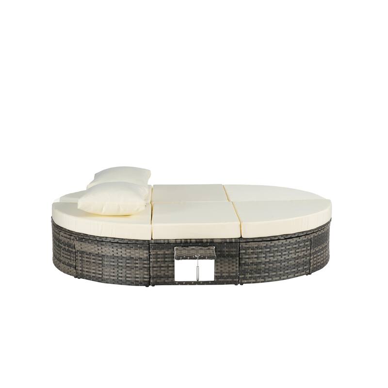 Outdoor Patio Rattan Round Daybed Sunbed with Adjustable Backrests and Foldable Cup Trays