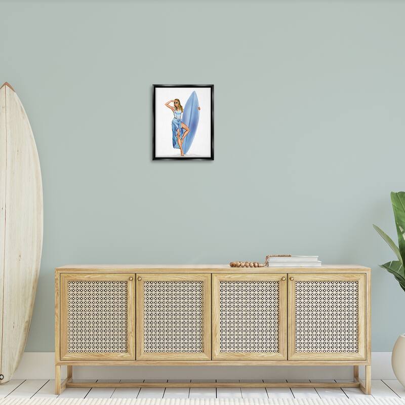 Stupell Trendy Surfer Girl in Blue Framed Floater Canvas Wall Art Design By Ziwei Li