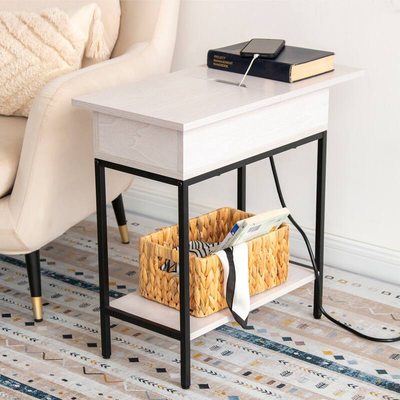 Flip Top Narrow End Table with Storage and Built-In Outlets, Small Side Table