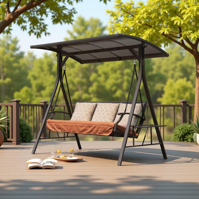 Steel Frame 3-Person Porch Swing with Adjustable Canopy, Sunbrella Cushions and Side Tables - Brown