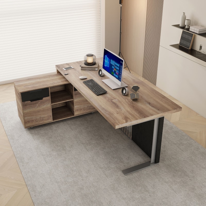 WESOME L-shaped Executive Office Desk with 2 Drawers 4 Wheels File Cabinets Cable Management