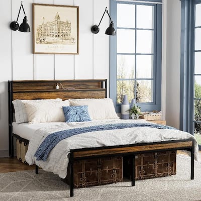 Full Size Bed Frame, with Headboard and Footboard,Steel Slat,USB Port