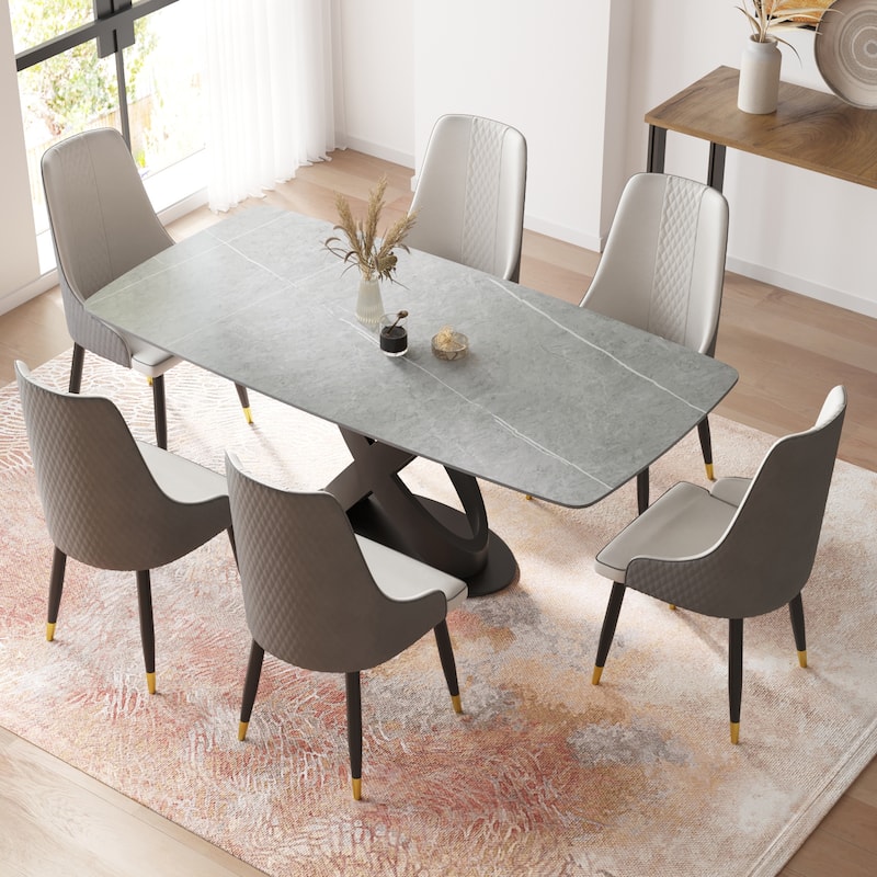 Marble Dining Table, Slate Panel with Metal Pedestal - 70.87 inch - Grey