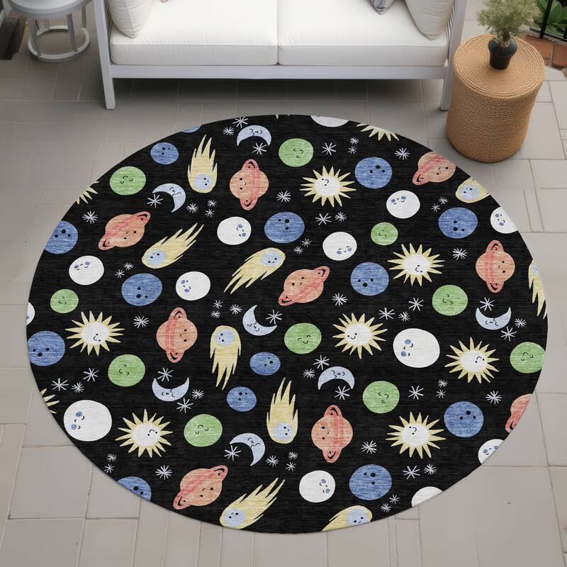 Machine Washable Indoor/ Outdoor Planets Comets Chantille Rug - Black - 8' x 8'