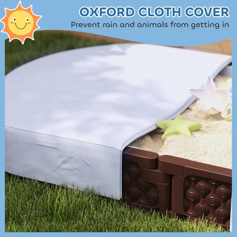 Dark Brown HDPE Outdoor Kids Sandbox with Seats and Weather Cover - 70.9" L x 42.1" W x 8.7" H