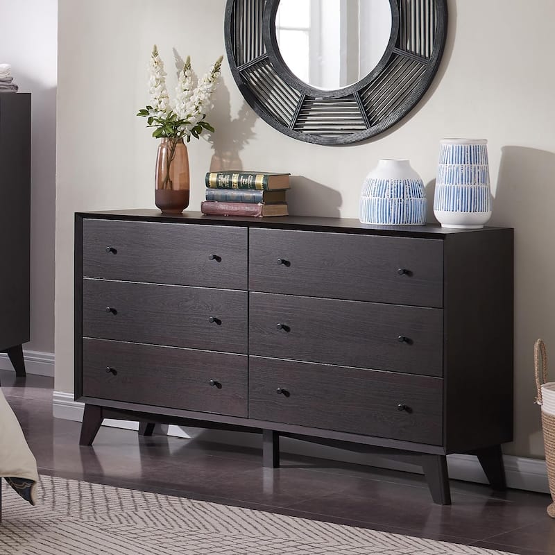 Mid Century Modern 6 Drawer Wood Dresser, Chest of Drawers, TV Stand - Espresso