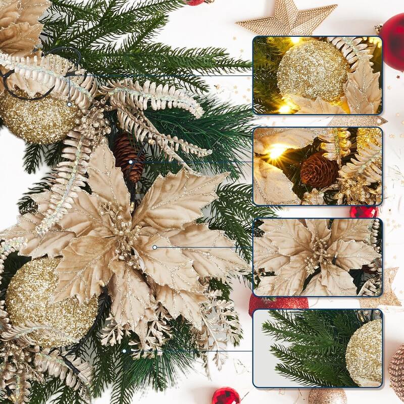 24 Inch Gold Christmas Wreath with Light Artificial Flowers Leaves
